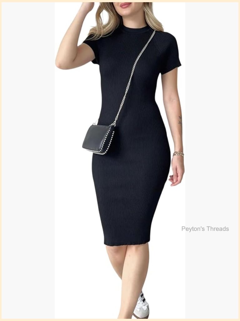 Ribbed Knit Bodycon Midi Dress Short Sleeve Slim Fit Casual